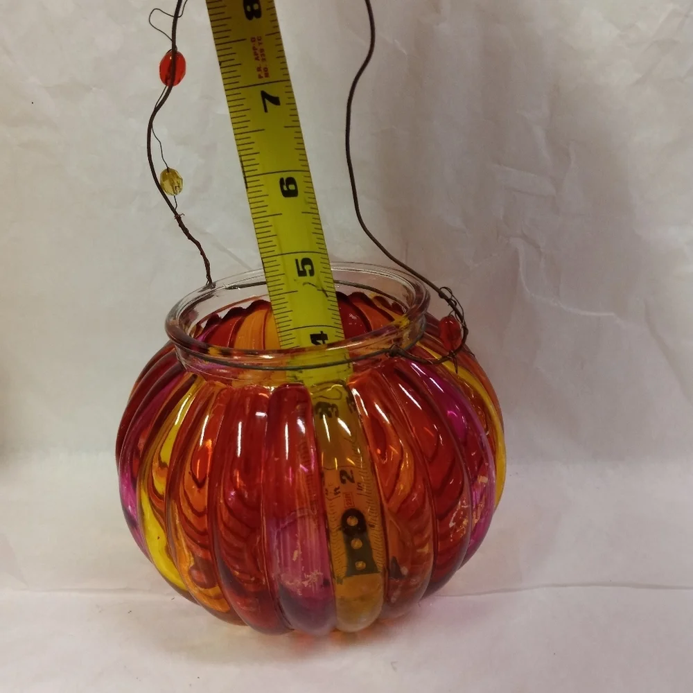 2- Vintage Wire Hanging Candle Holder  Lanterns Orange & Pink Round Ribbed Glass